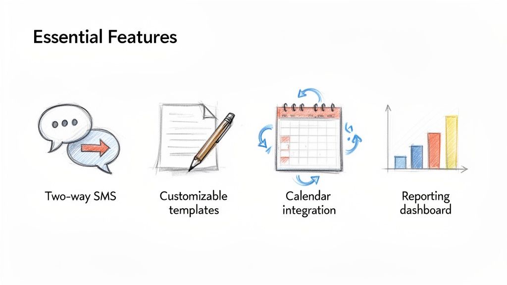Visual presentation of essential features: two-way SMS, customizable templates, calendar integration, and reporting dashboard.