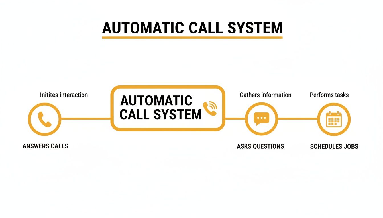 Flowchart illustrating an automatic call system's functions: answering calls, asking questions, and scheduling tasks.