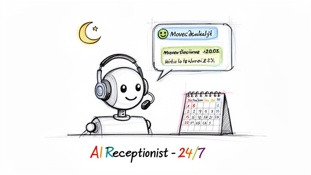 A cartoon drawing of an AI robot receptionist with a headset, speech bubble, and calendar, labeled 'AI Receptionist - 24/7'.