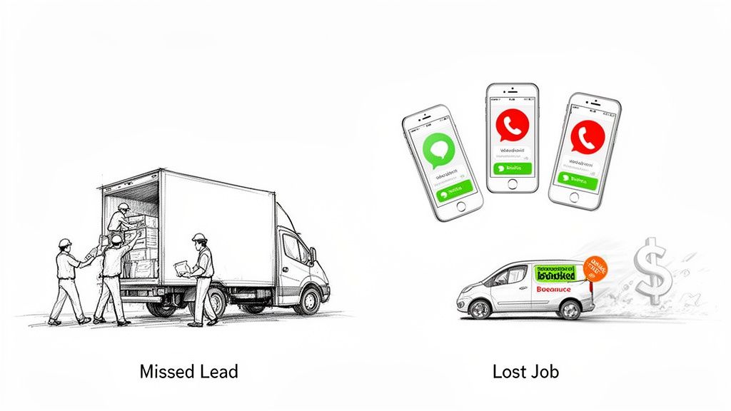 Illustration depicting scenarios of missed leads (truck with workers) and lost jobs (phones, delivery van, dollar sign).