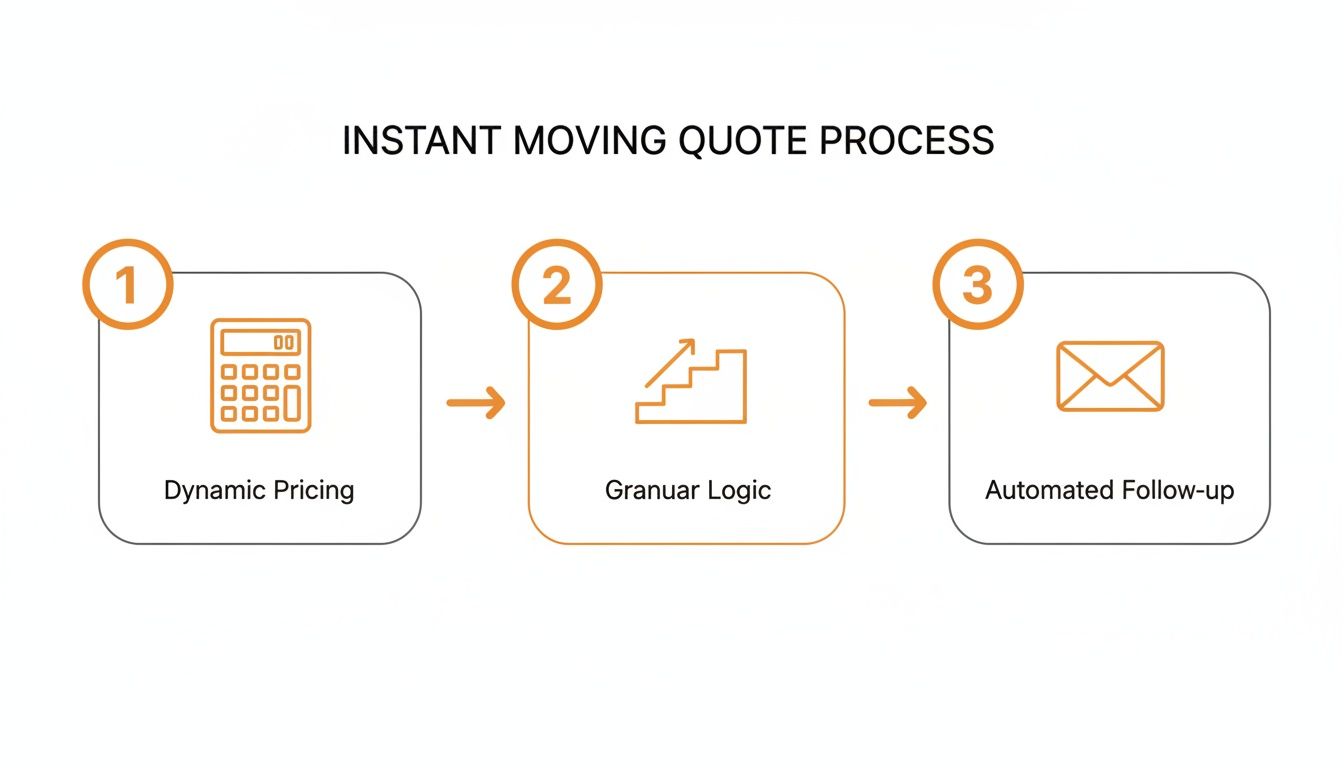 A three-step process flowchart for instant moving quotes, including dynamic pricing, granular logic, and automated follow-up.