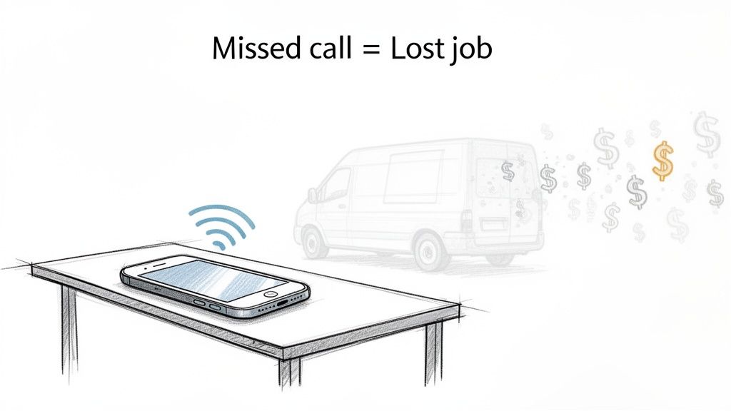 Illustration of a phone with a missed call, a vanishing delivery van, and flying dollar signs symbolizing lost business.
