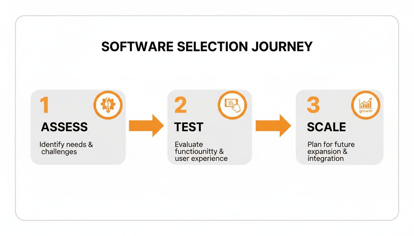 A three-step process graphic outlining the software selection journey: Assess, Test, and Scale.