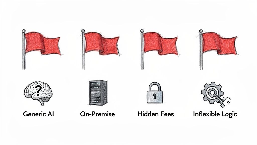 Four red flags displayed with icons and labels: Generic AI, On-Premise, Hidden Fees, Inflexible Logic.