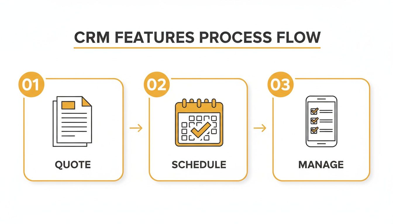 CRM features process flow illustrating steps for quoting, scheduling, and managing service tasks.