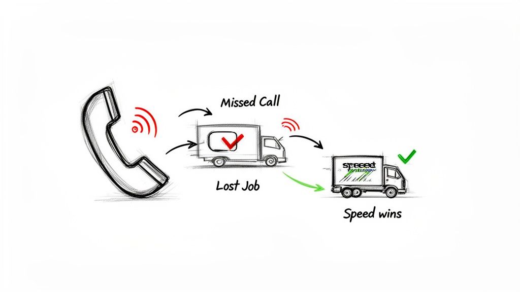 Illustration showing a ringing phone, a missed call leading to a lost job, and speed leading to a won job.