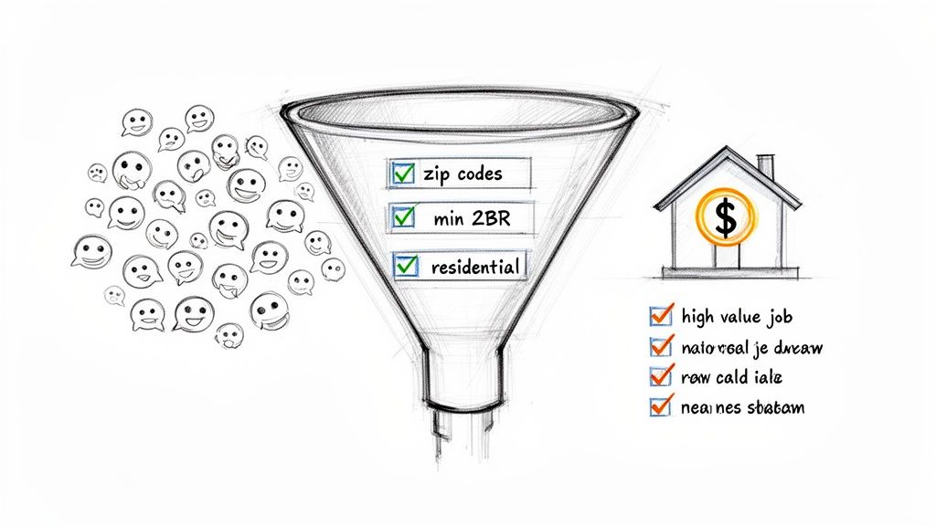 A marketing funnel filters potential customers (smiley faces) using criteria like zip codes, leading to a target house.
