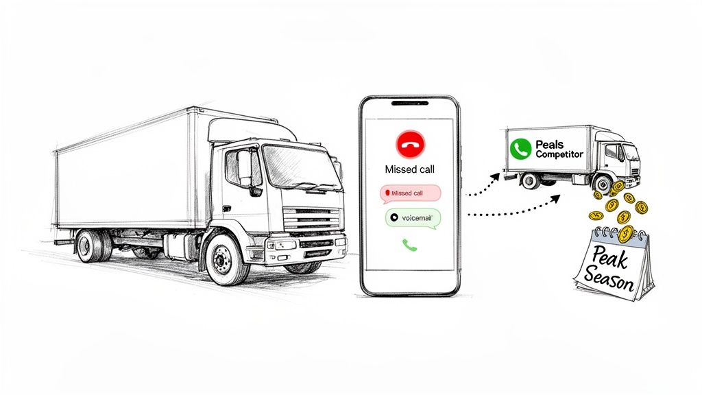 A missed call on a smartphone directs business to a competitor's truck, showing lost profits during peak season.
