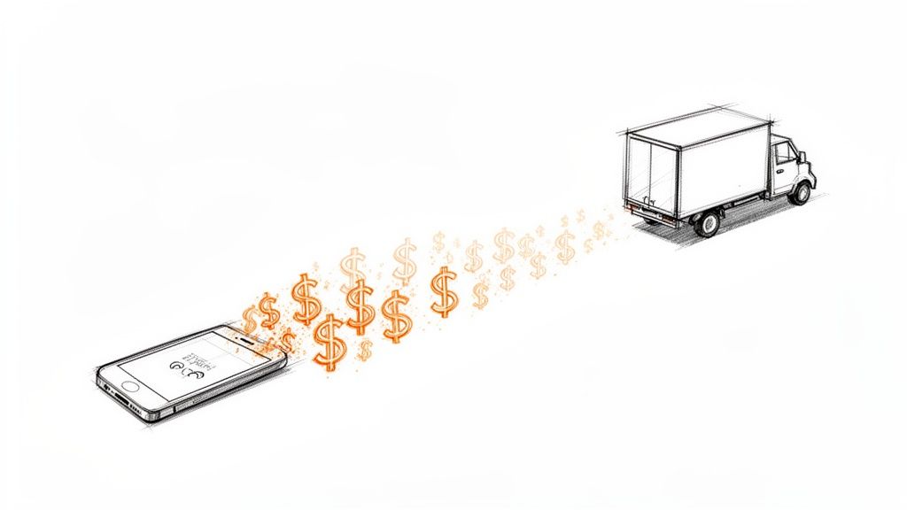 A smartphone sending dollar signs towards a delivery truck, illustrating mobile payments or e-commerce.