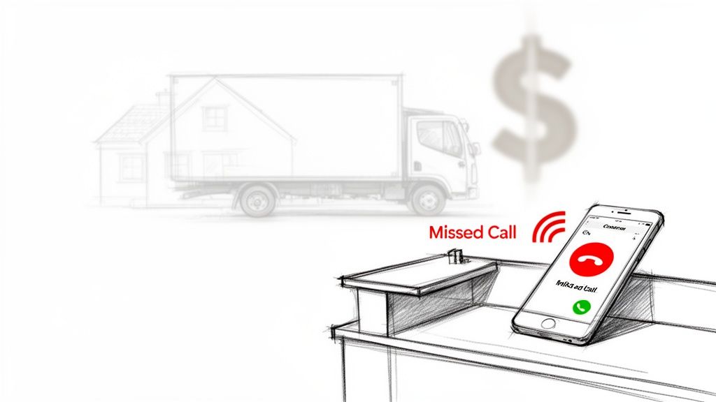 Sketch of a smartphone with a missed call notification, alongside a truck, house, and dollar sign, indicating lost opportunities.