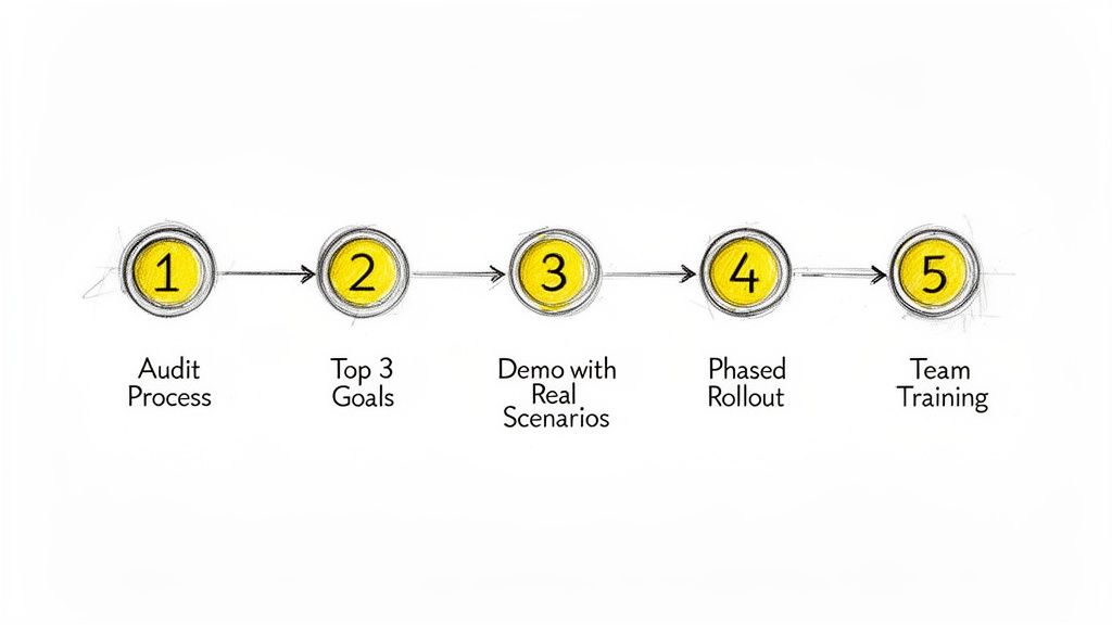 A 5-step process diagram illustrating Audit Process, Top 3 Goals, Demo, Phased Rollout, and Team Training.
