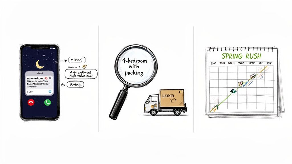 Managing moving logistics: A smartphone for leads, a search for '4-bedroom with packing', and a 'Spring Rush' calendar.