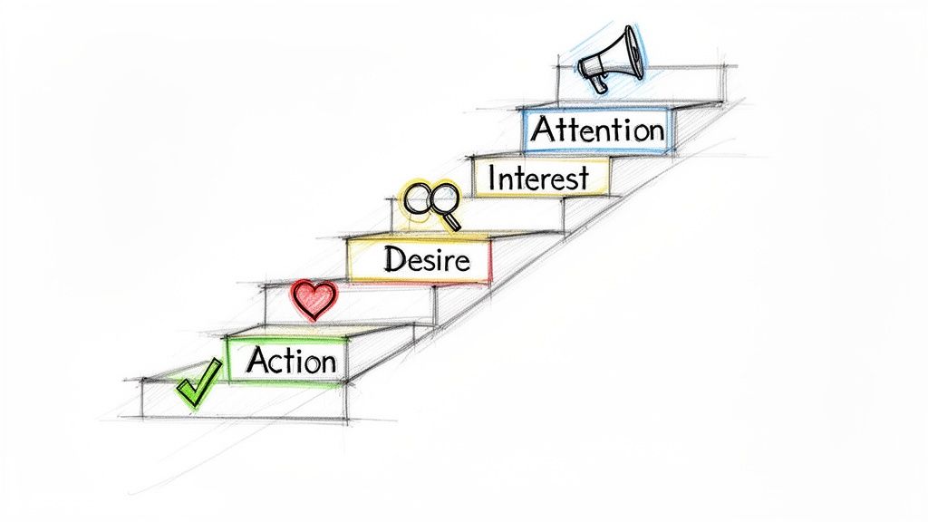 AIDA model steps: Attention, Interest, Desire, Action, illustrated with icons on a staircase.