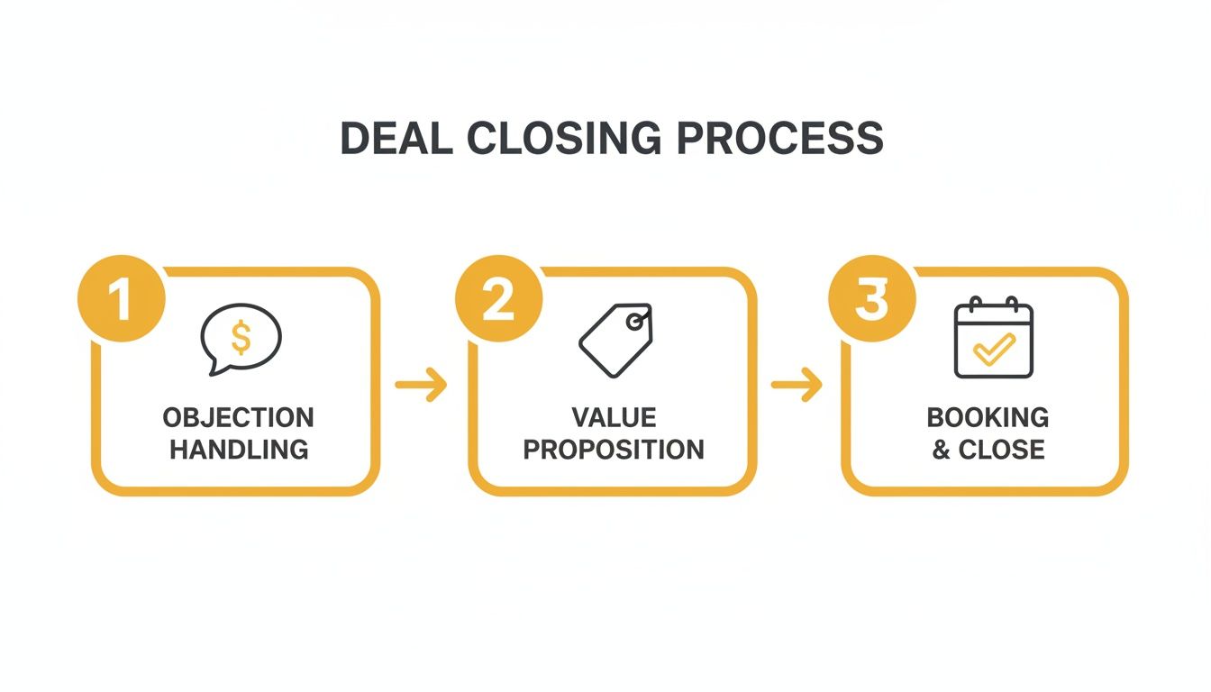 A three-step deal closing process flowchart: objection handling, value proposition, and booking & close.
