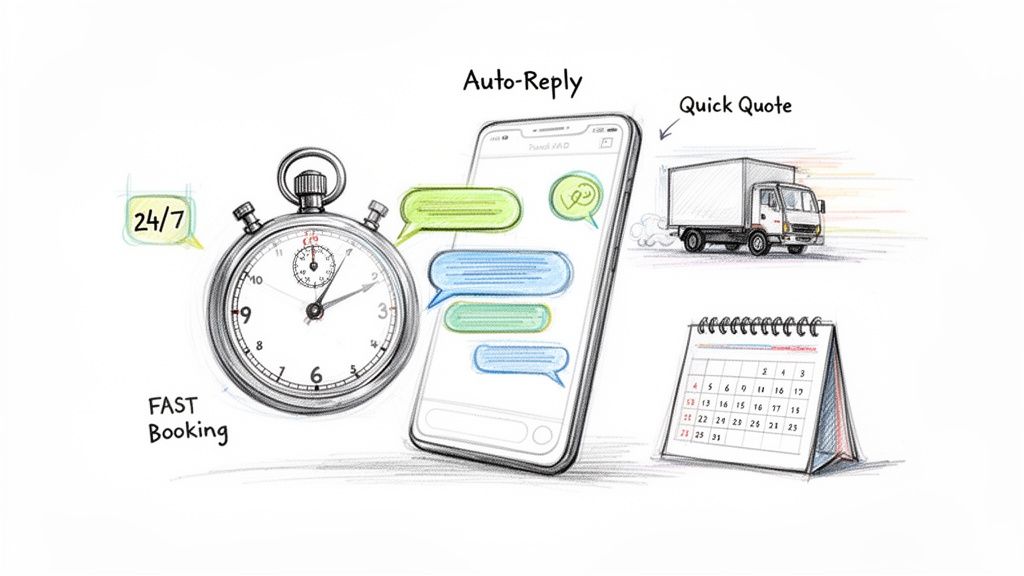 Illustration showing 24/7 fast booking, auto-reply, and quick quotes for efficient logistics and delivery.