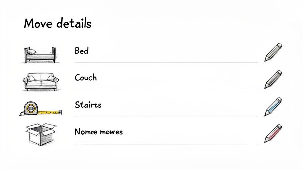 A hand-drawn moving checklist showing items like a bed, couch, measuring tape, and a box.