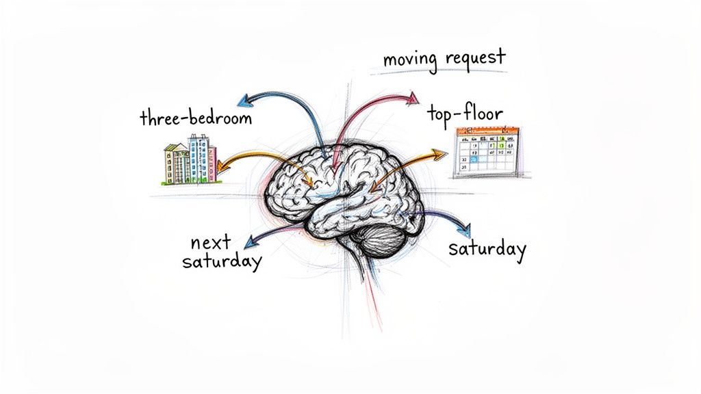 A brain processing a moving request with details like three-bedroom, top-floor, and specific dates.