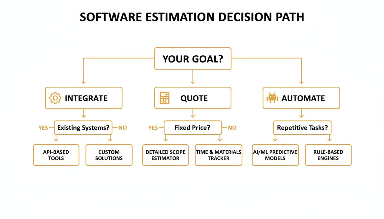 A flowchart showing a software estimation decision path based on integrate, quote, or automate goals.
