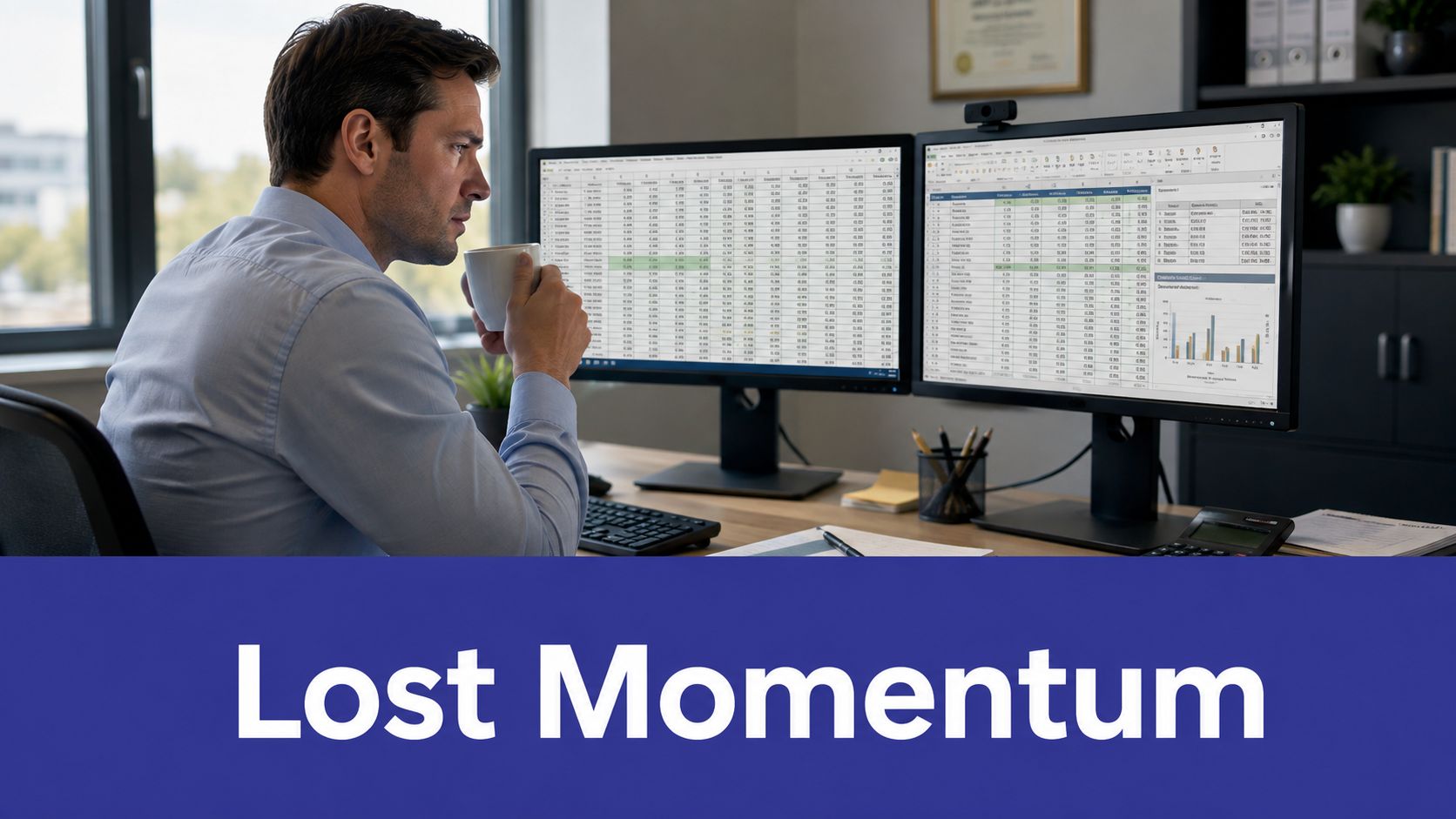A professional man drinking coffee while looking at spreadsheets and data charts on two computer monitors.