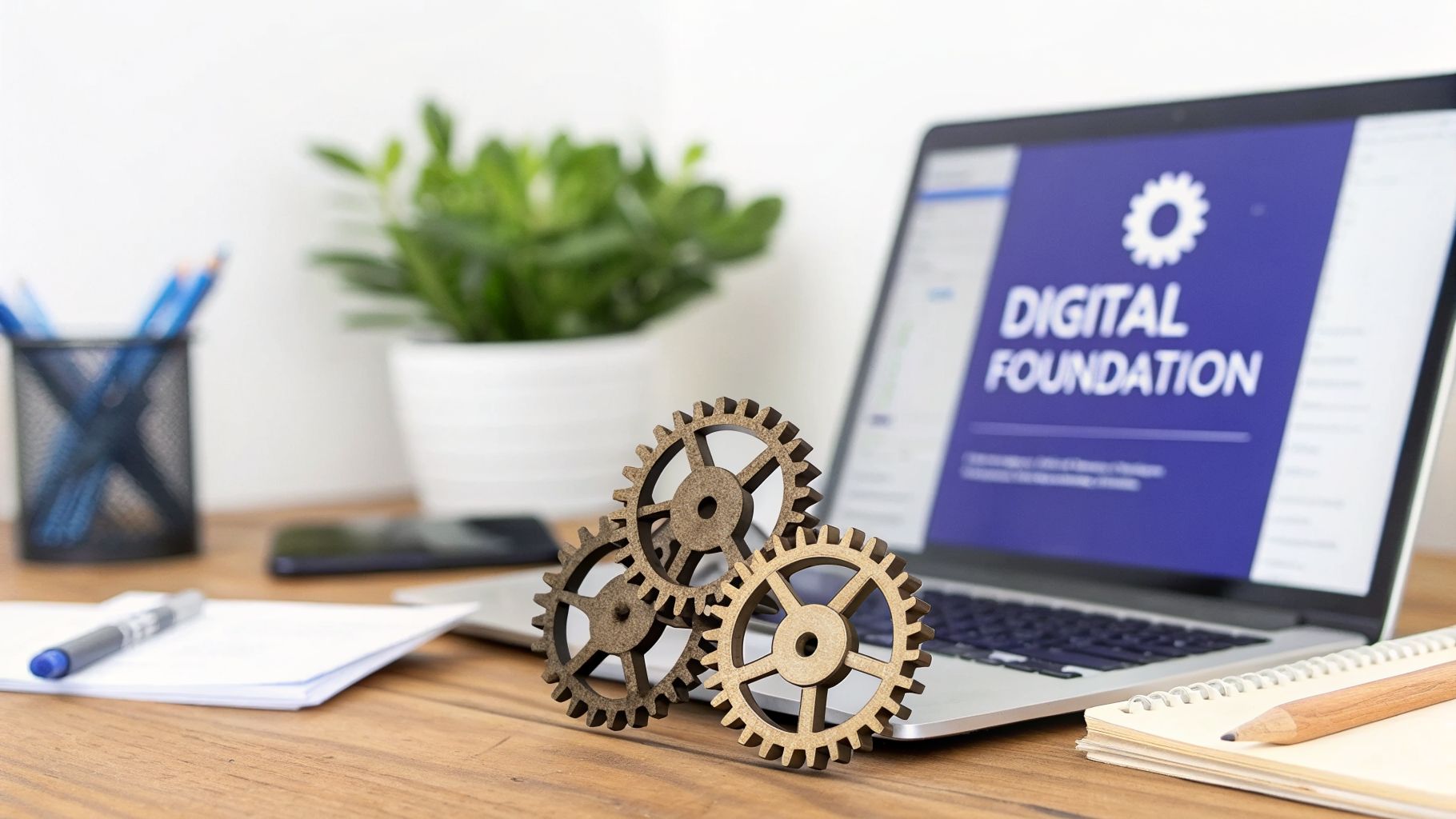 Three wooden gears on a laptop showing 'Digital Foundation' on screen, with office supplies on a wooden desk.