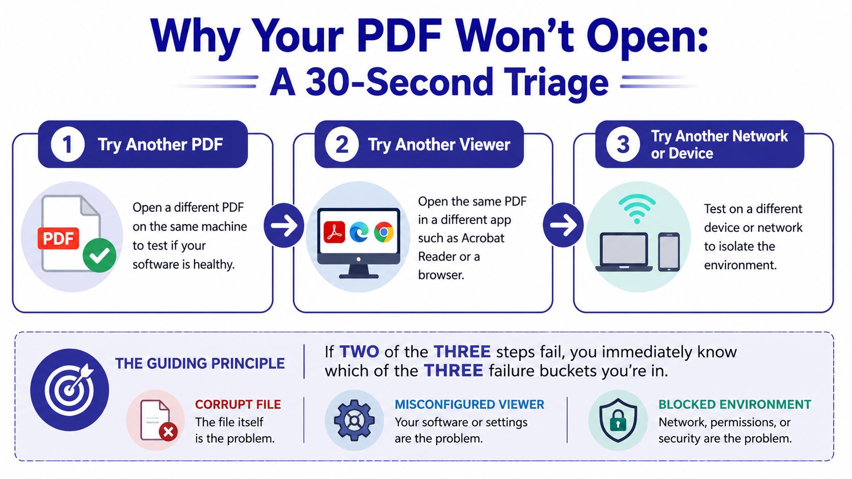 An infographic titled Why Your PDF Won't Open explaining a simple three-step triage process for troubleshooting.
