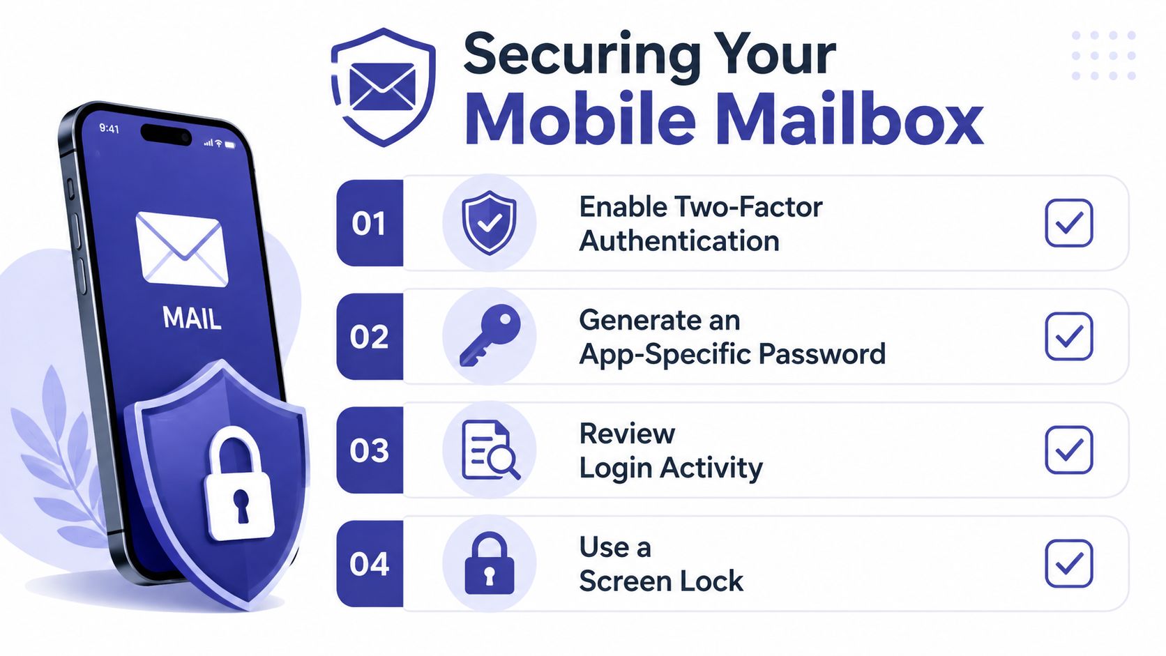 A graphic illustration detailing four essential security tips for protecting your mobile email account on a smartphone.