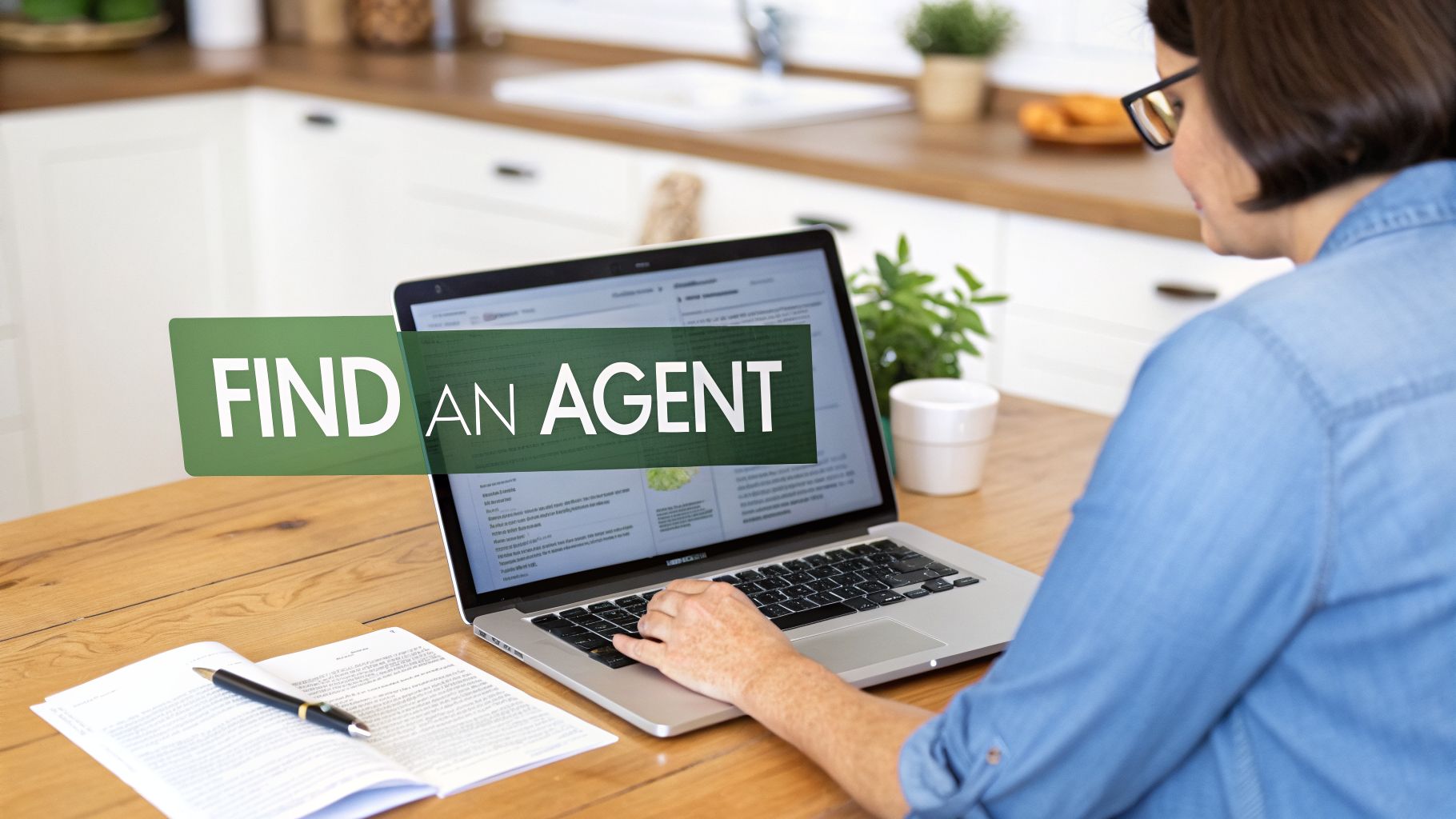 Woman using a laptop with 'FIND AN AGENT' overlay, possibly searching for a health insurance agent.
