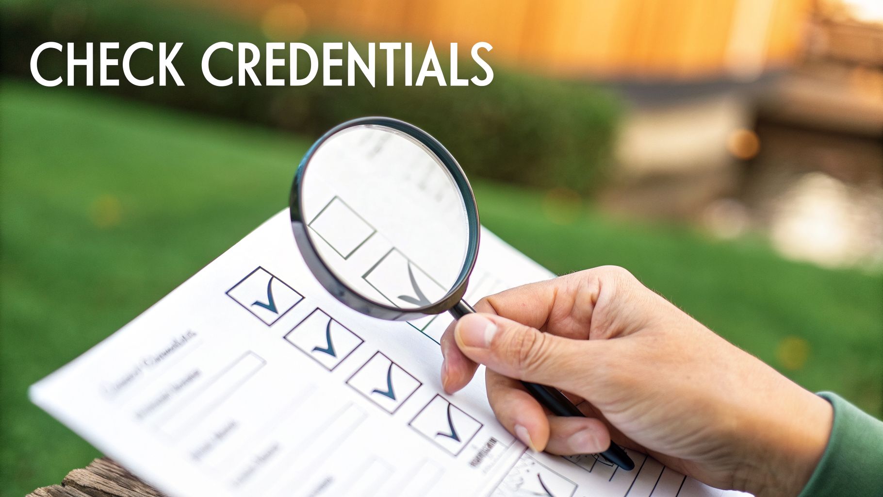 A hand holding a magnifying glass over a document with checked boxes, implying a credential check.