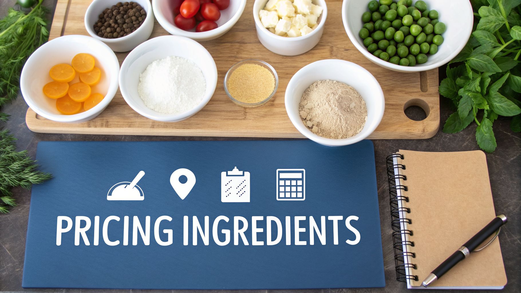Overhead shot of various ingredients in bowls, a 'PRICING INGREDIENTS' sign, notebook, and pen.