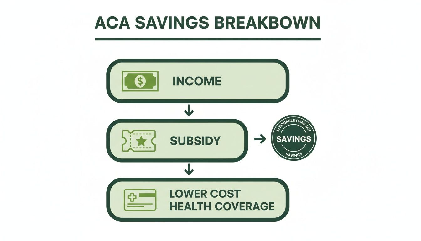 Flowchart illustrating ACA savings breakdown: income leads to subsidy, resulting in lower cost health coverage.