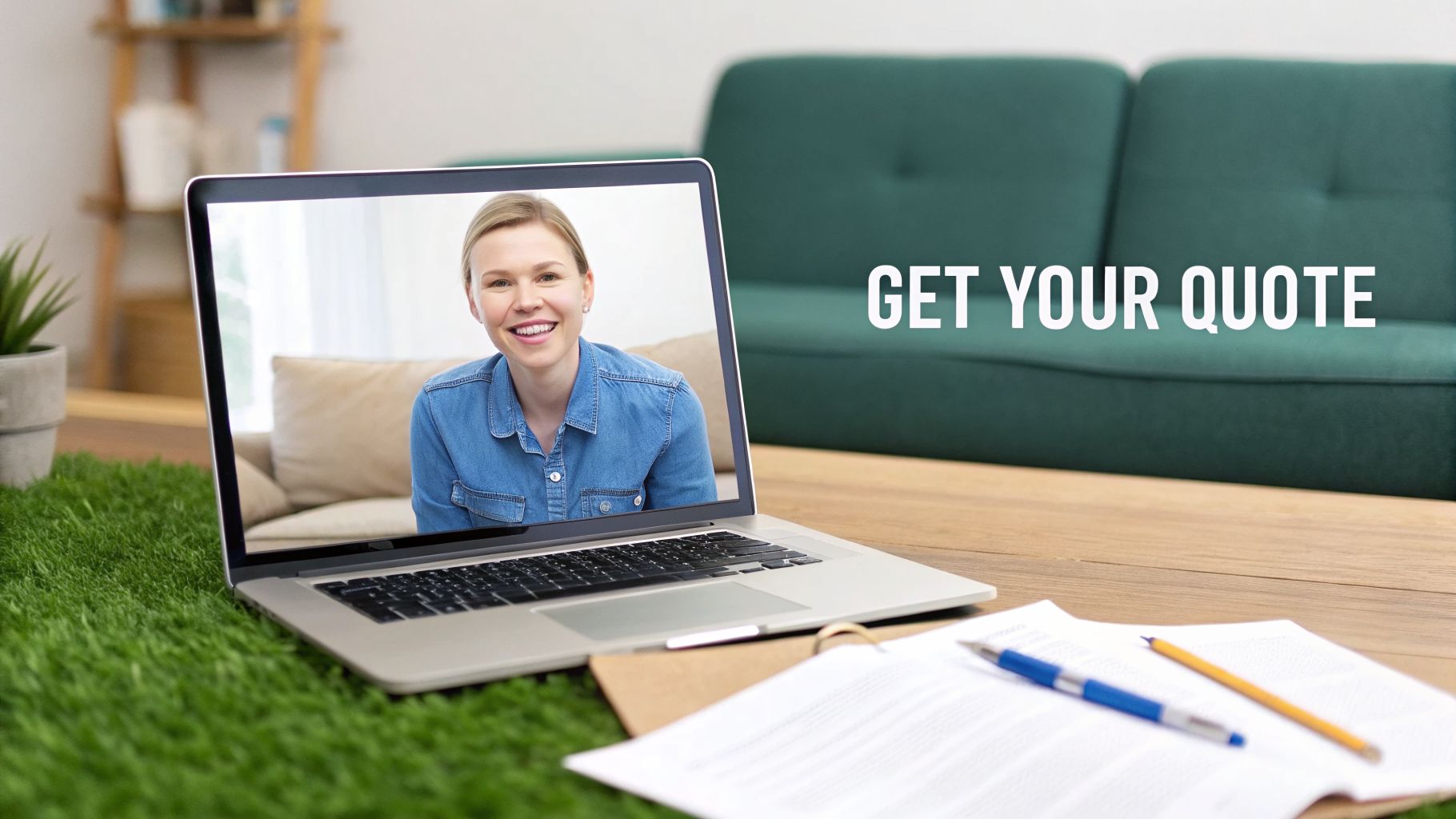 A smiling woman on a laptop screen with papers and text 'GET YOUR QUOTE' on a wooden desk.
