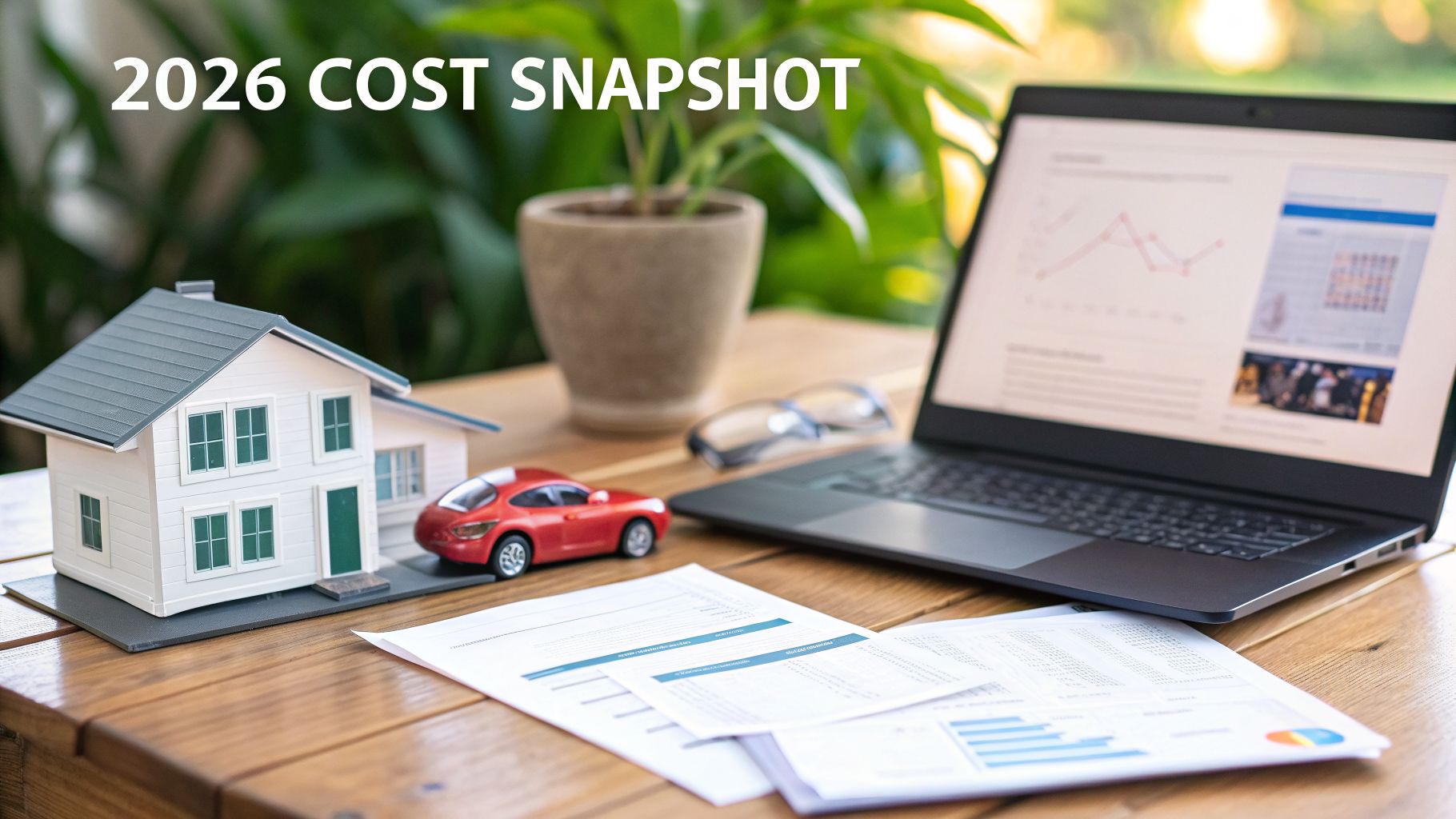 A desk with a model house, toy car, laptop, and financial papers, titled '2026 COST SNAPSHOT'.