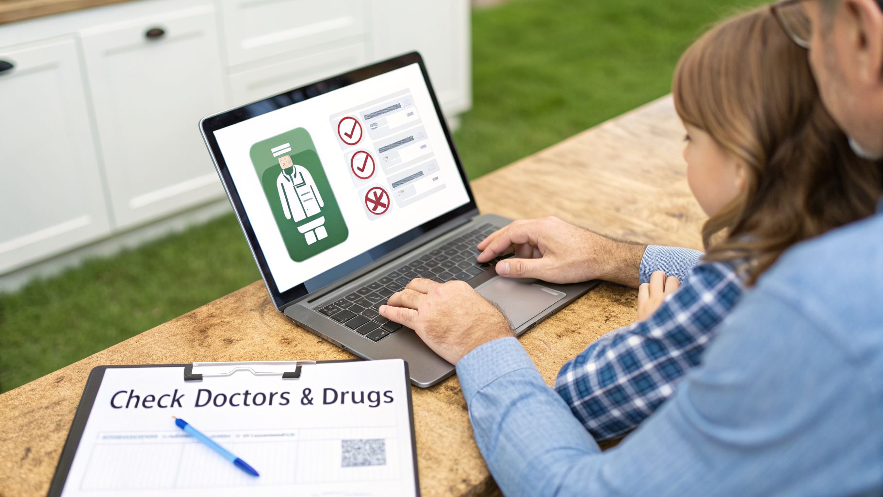 A man and child use a laptop to check doctors and drugs online with a clipboard.