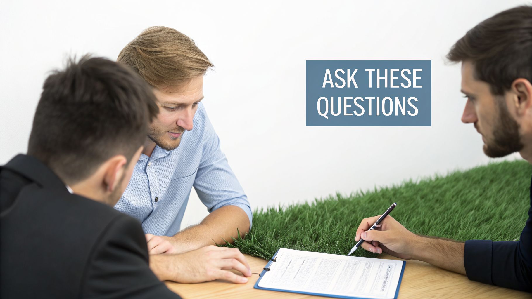 Three professional men reviewing documents and writing at a table with green grass, text reads 'ASK THESE QUESTIONS'.