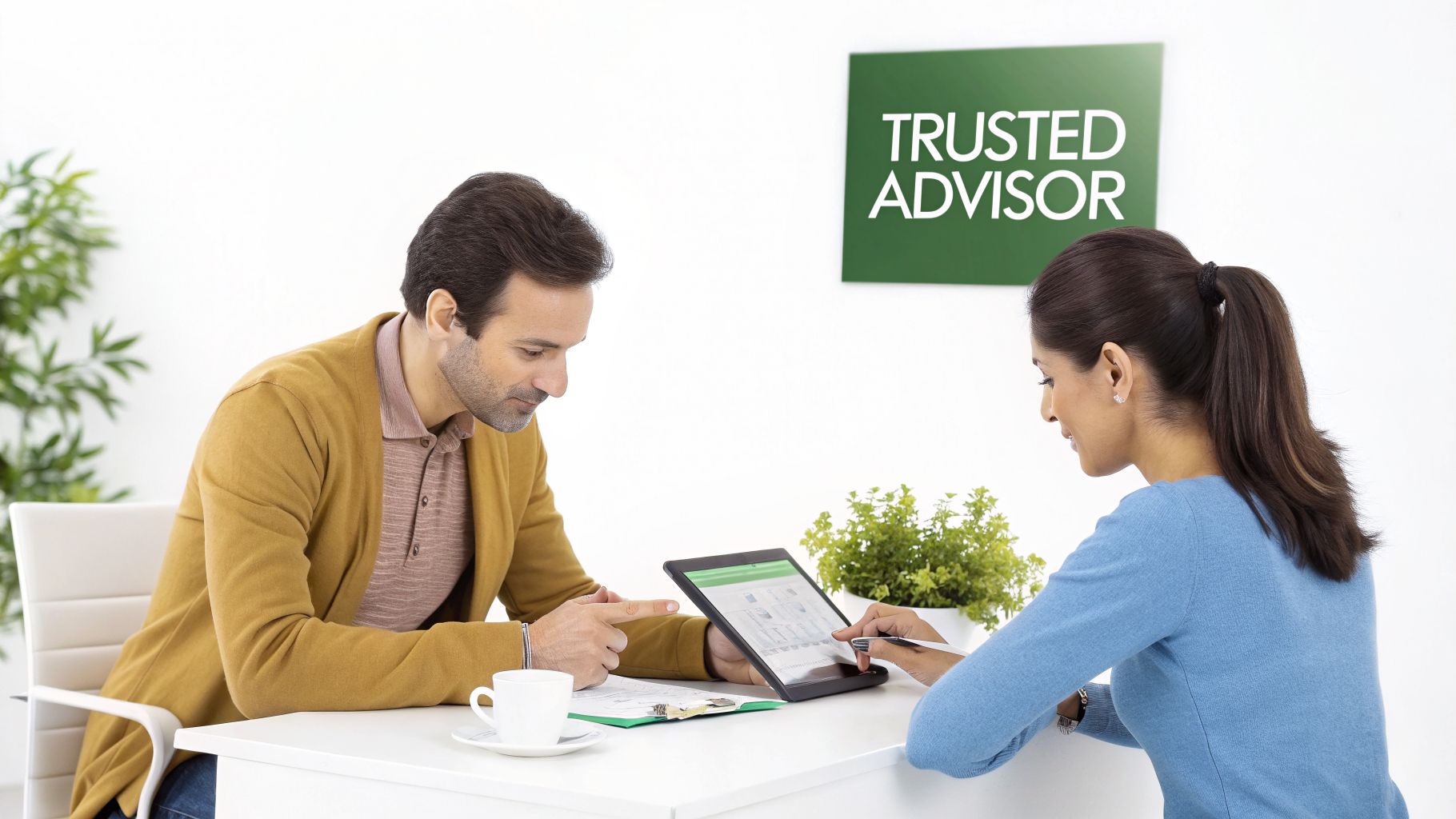 A male advisor and female client discuss financial data on a tablet in a modern office.