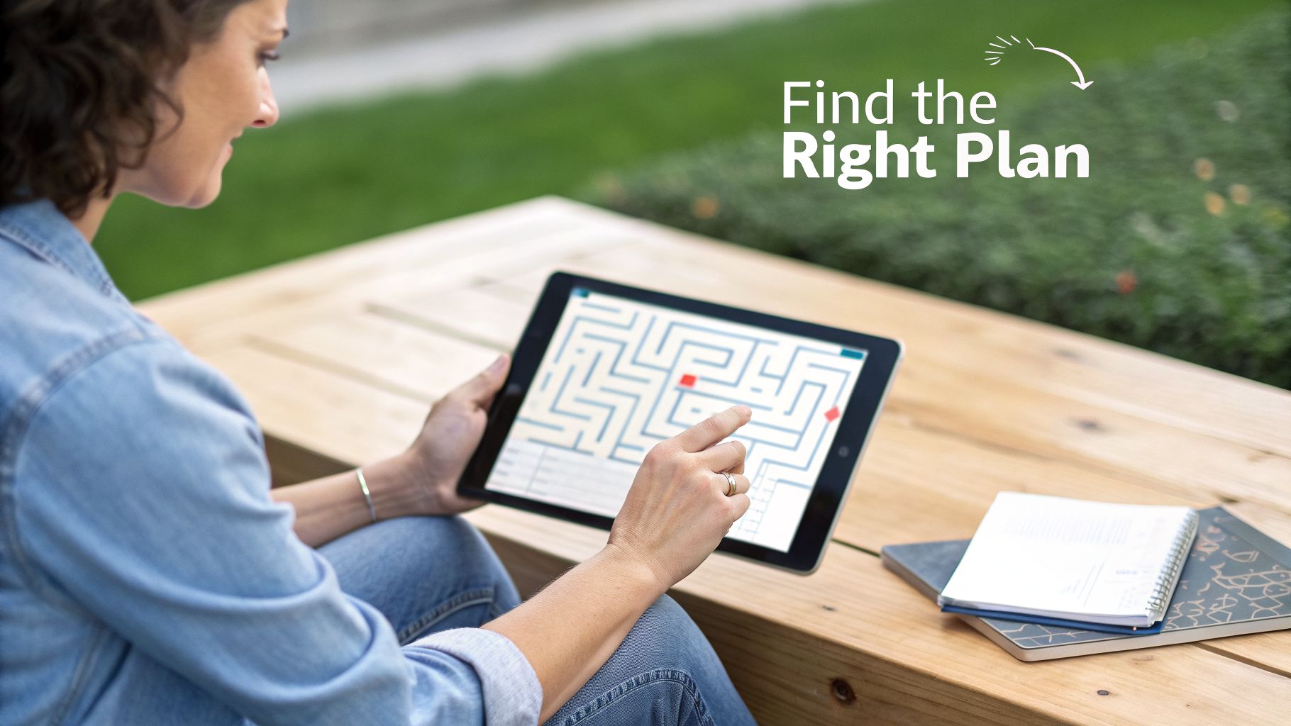 Woman exploring a maze on a tablet, finding her way to the right plan on a wooden bench.