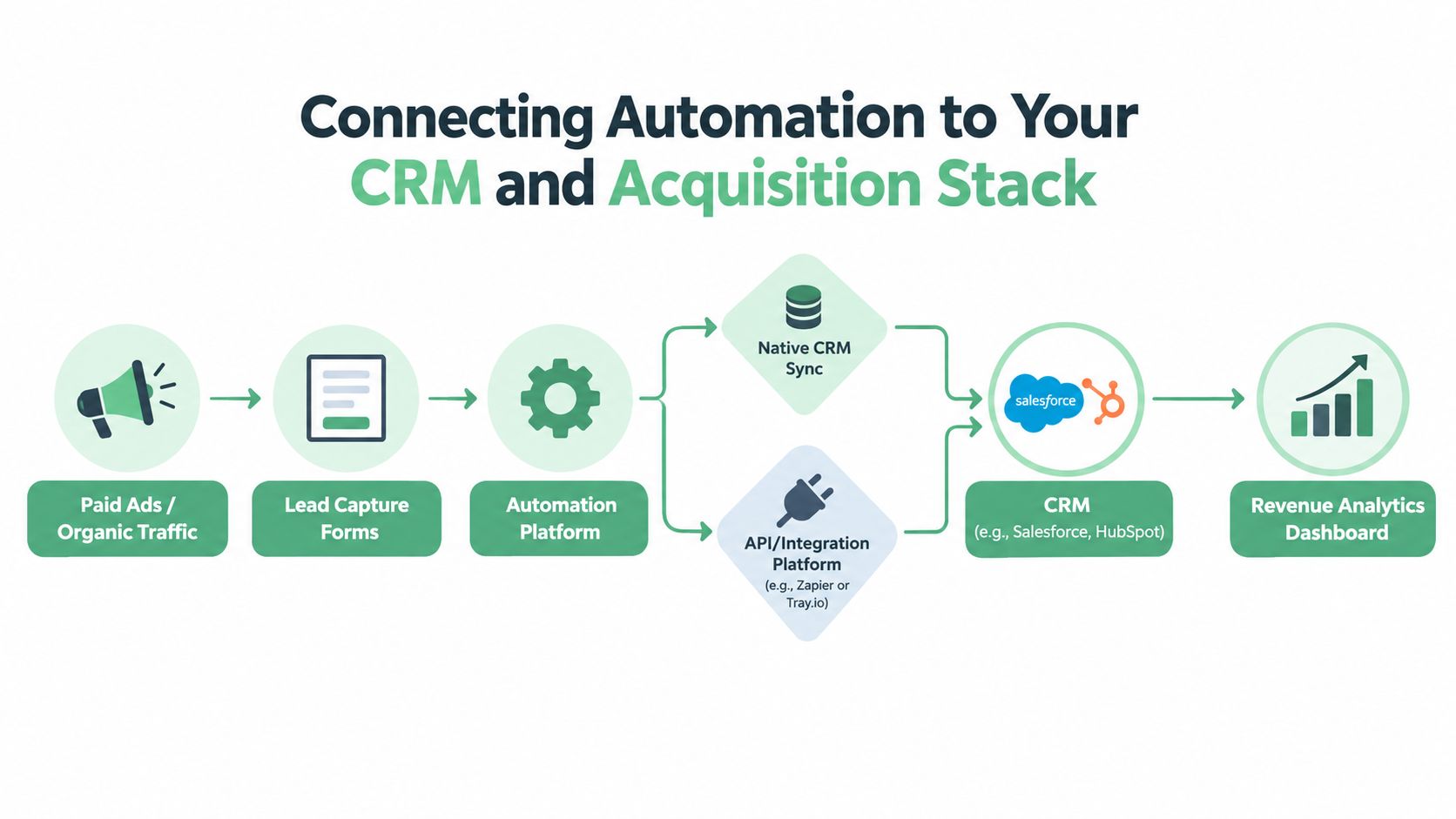 A diagram illustrating the workflow of connecting marketing automation tools to a CRM and acquisition stack.