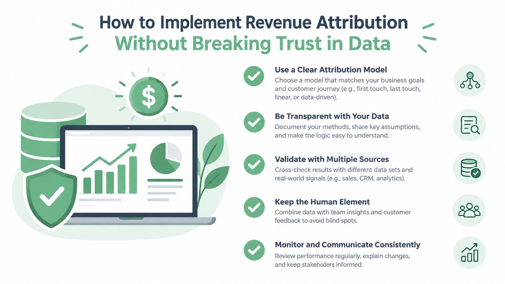 An infographic titled How to Implement Revenue Attribution, illustrating five key strategies for maintaining data trust.