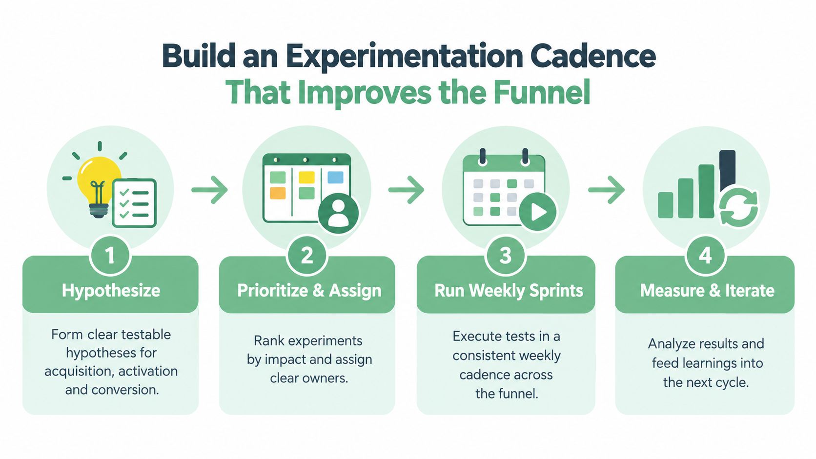 A four-step infographic illustrating a continuous experimentation growth cadence process from hypothesis to iteration.