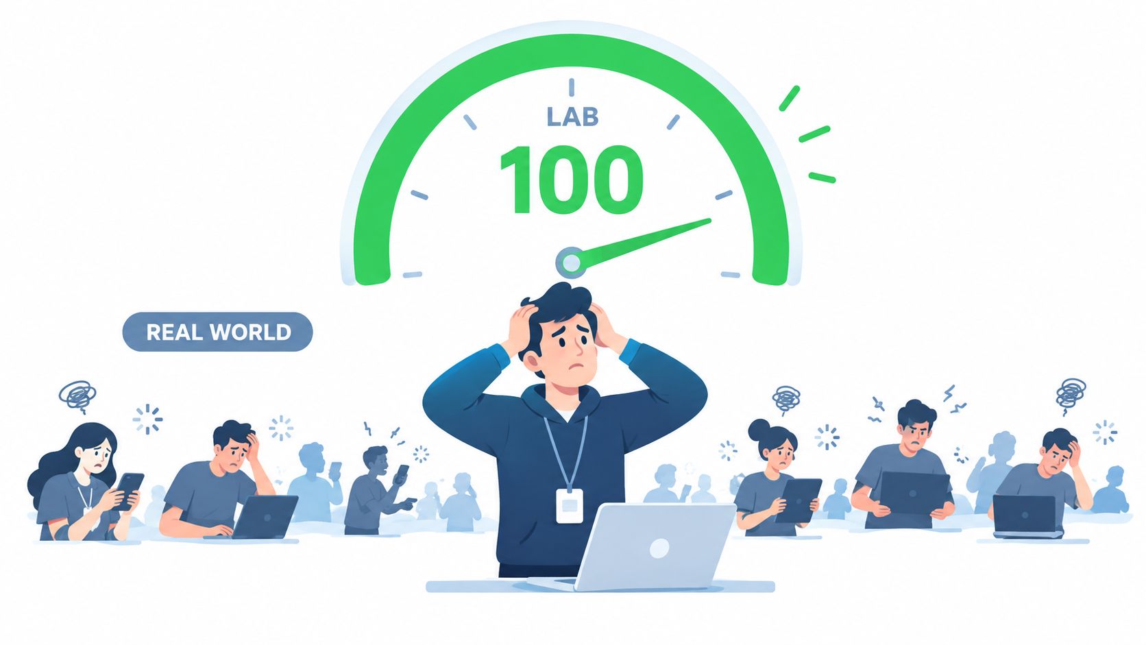 A person looks stressed while looking at a perfect score on a dashboard performance meter.