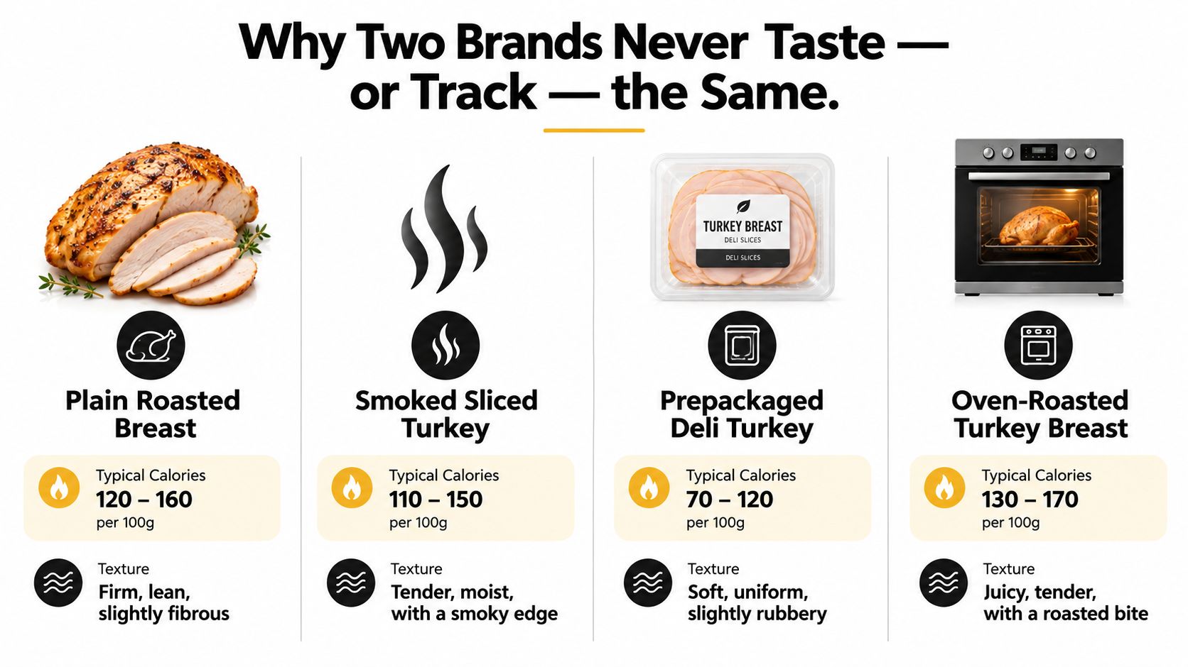 A comparison chart showing the calories and texture of four different types of processed turkey breast products.