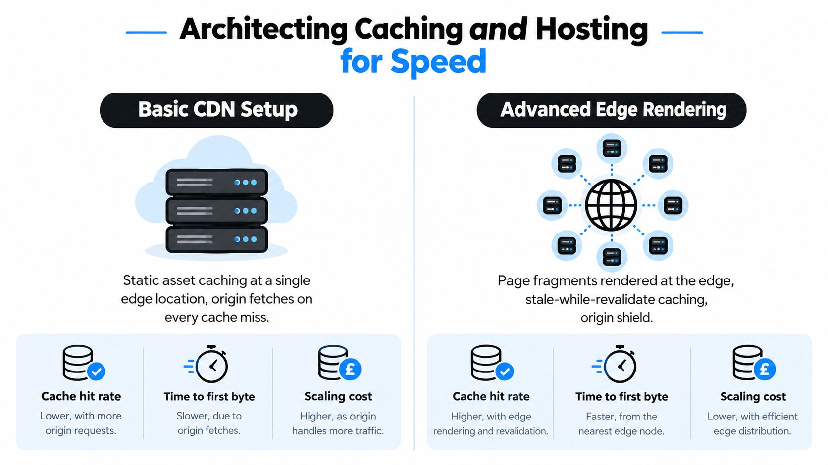 A comparison infographic showing how basic CDN setup and advanced edge rendering affect website performance and costs.