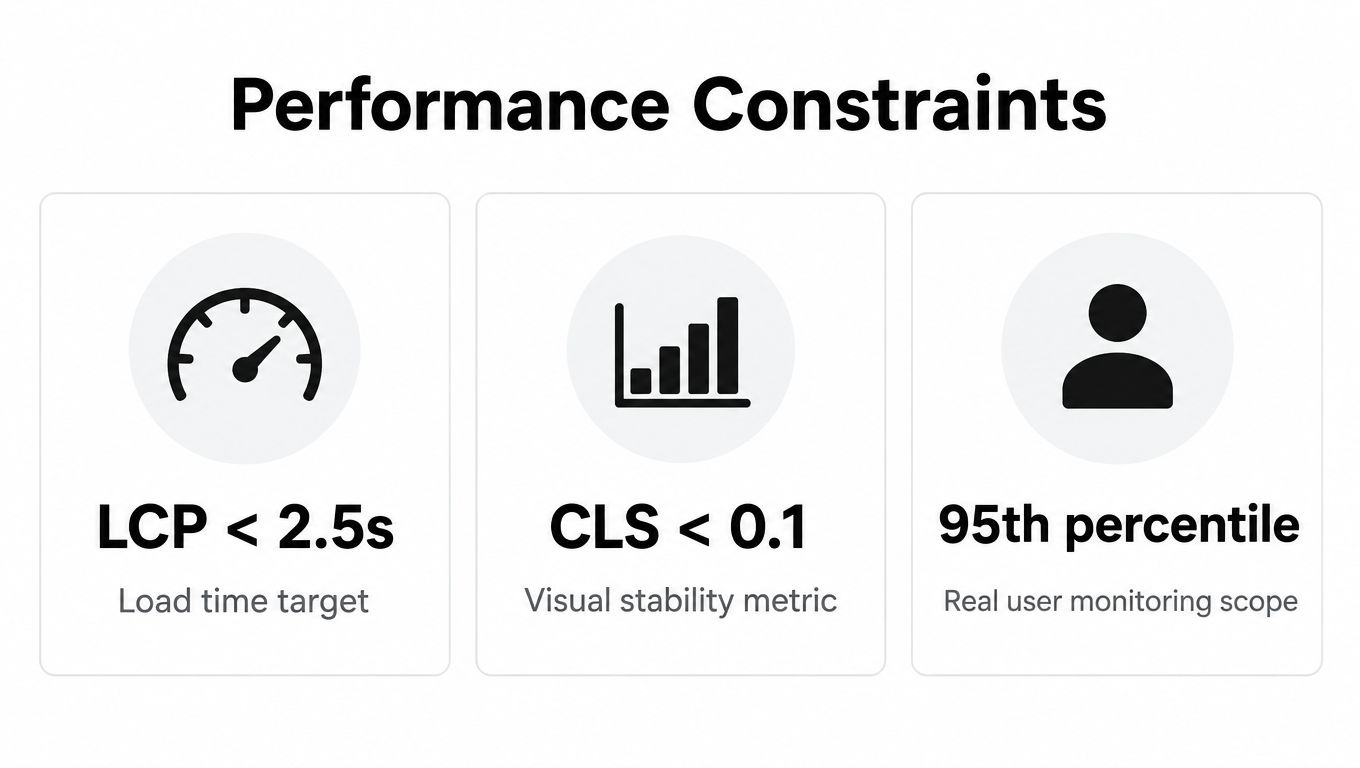 An infographic showing performance constraints including LCP, CLS, and 95th percentile metrics for web user monitoring.