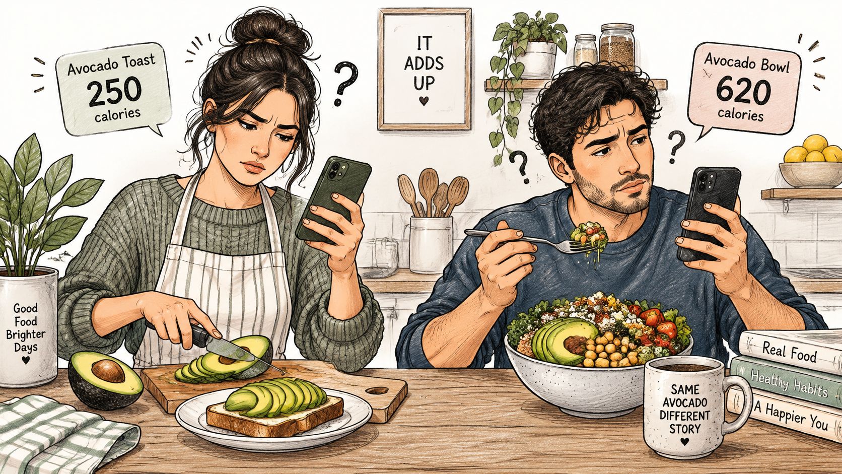 A woman slicing avocado toast while a man eats an avocado bowl, both looking confused at their phones.