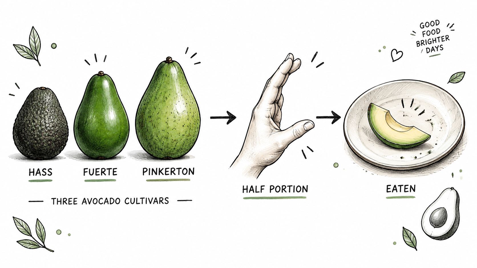 A hand-drawn illustration showing three different avocado cultivars followed by a hand indicating a half portion served.