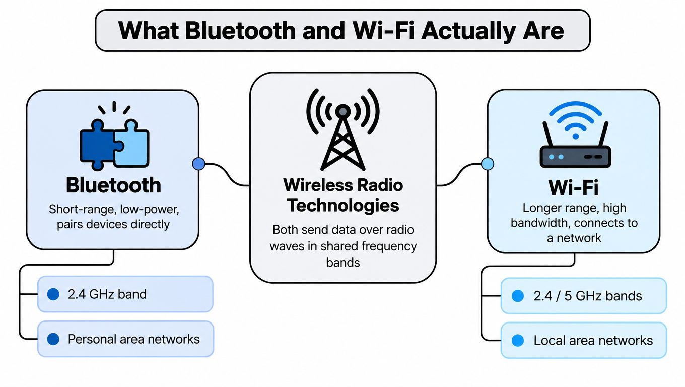 A diagram comparing Bluetooth and Wi-Fi as wireless radio technologies with their key differences and features.