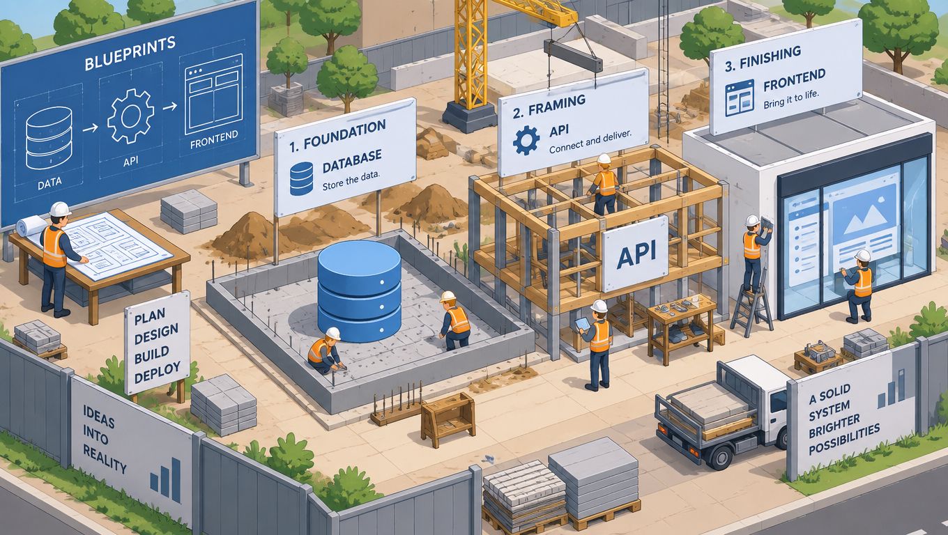 An isometric illustration showing developers building a web application as a construction site with data, API, and frontend.