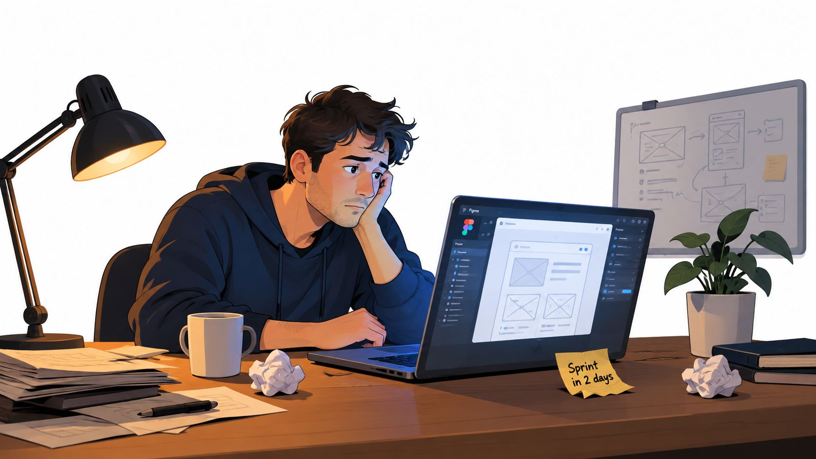 A tired UX designer working late on wireframes at a desk with a coffee and deadline note.