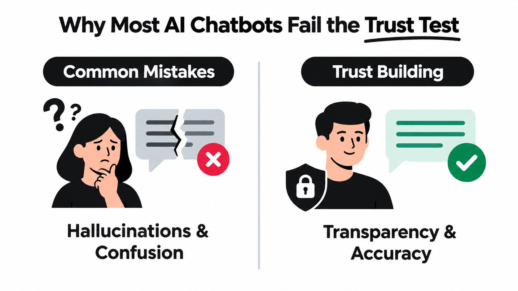 An infographic comparing the failures and successes of AI chatbots, focusing on trust and accuracy.