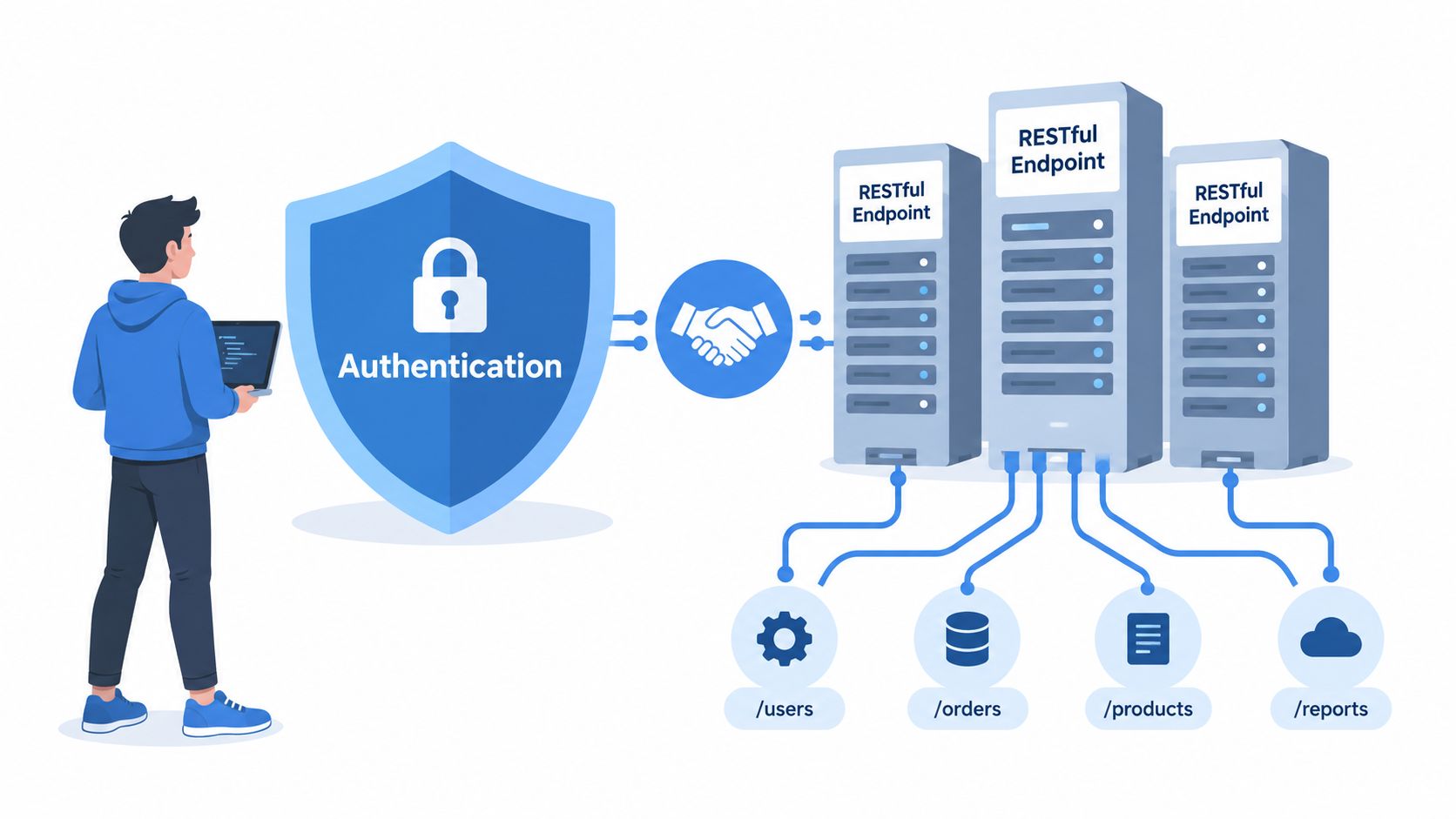 A developer using a laptop connects through an authentication shield to various RESTful API endpoints and databases.